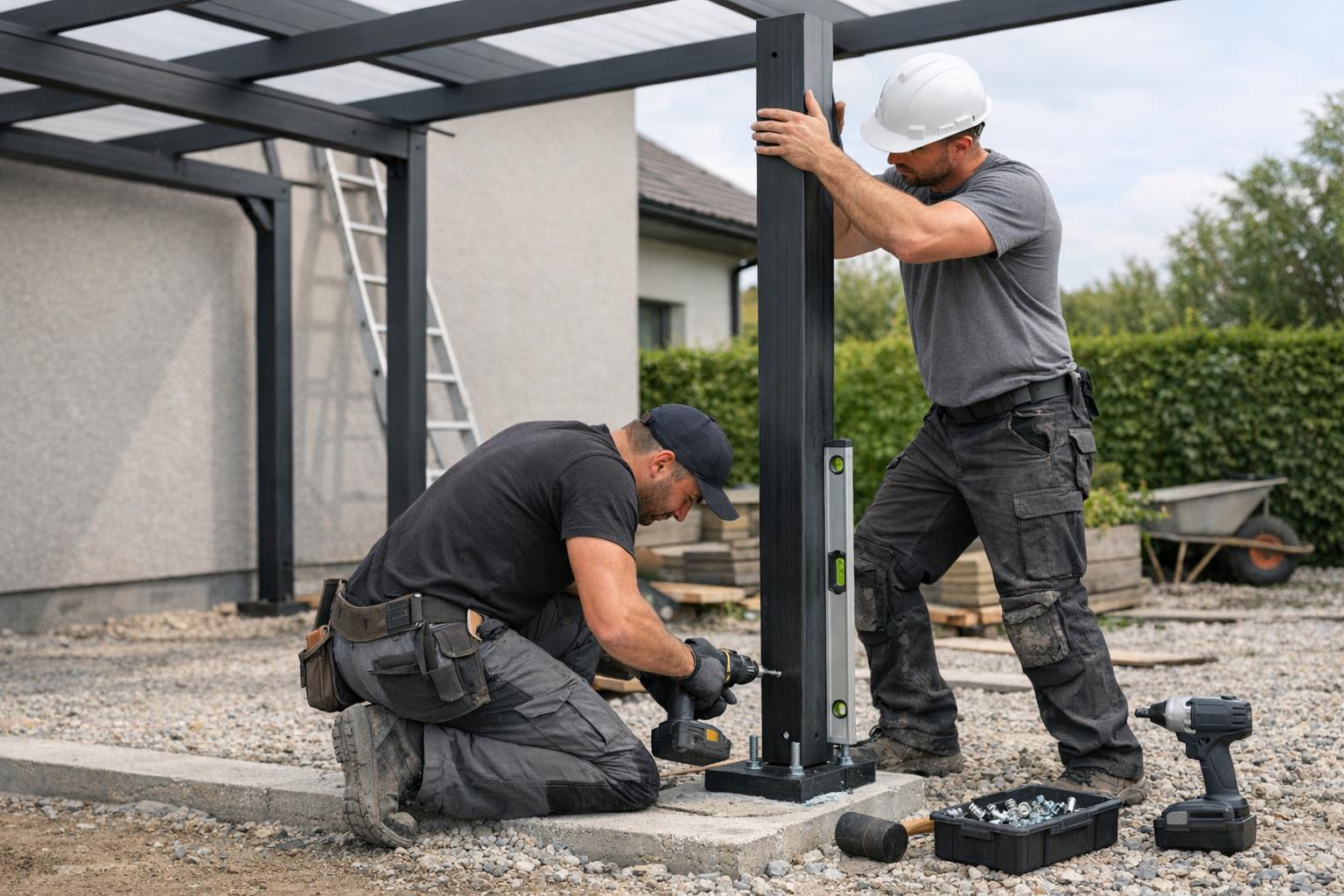 zdjęcie: montaż wiaty Carport, prace monterskie przy słupach